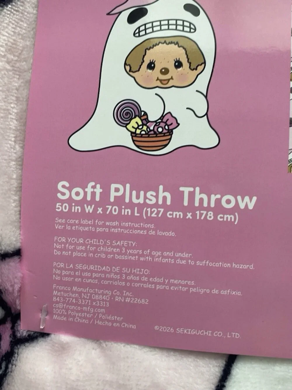 Halloween Candy Ghost Monchhichi Pink Soft Plush Throw Blanket 50” X 70” NEW